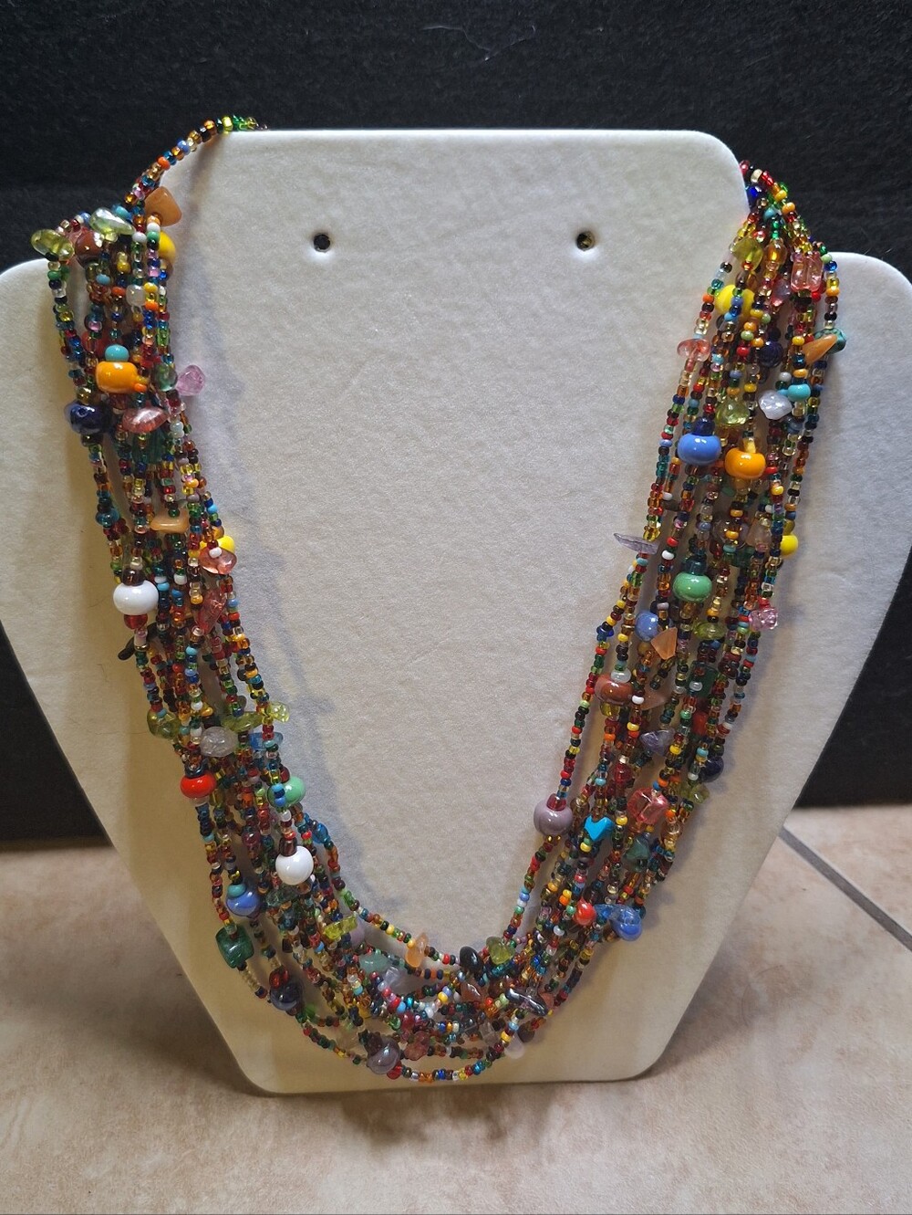 Multi Strand Beaded Statement Necklace Red Blue Beads Magnetic Closure  20" Long
